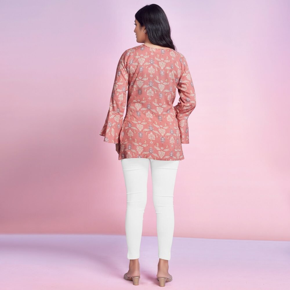 Peach Floral Foil Printed Chanderi Silk Top - Image 6