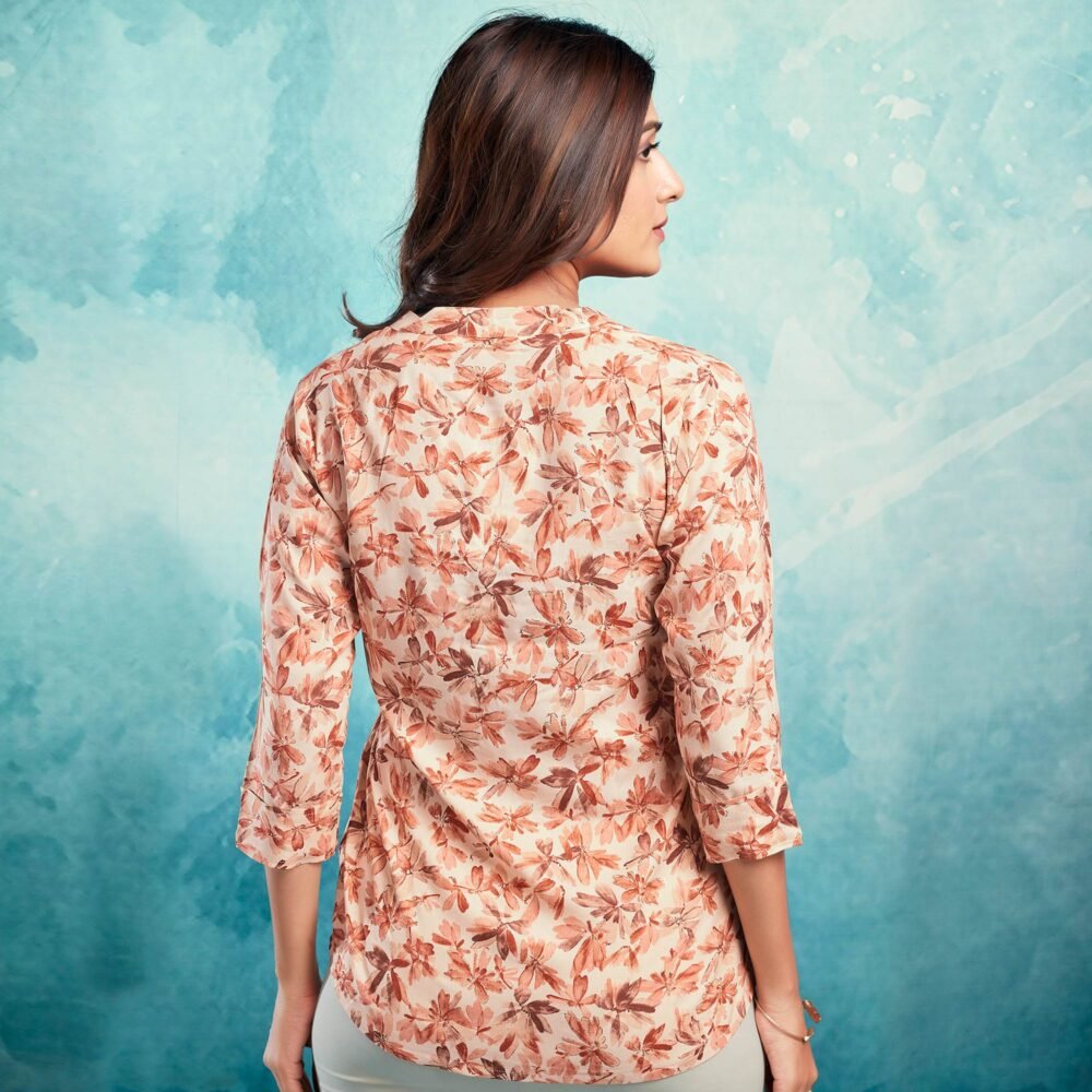 Cream & Peach Floral Foil Printed Rayon Straight Top - Image 4