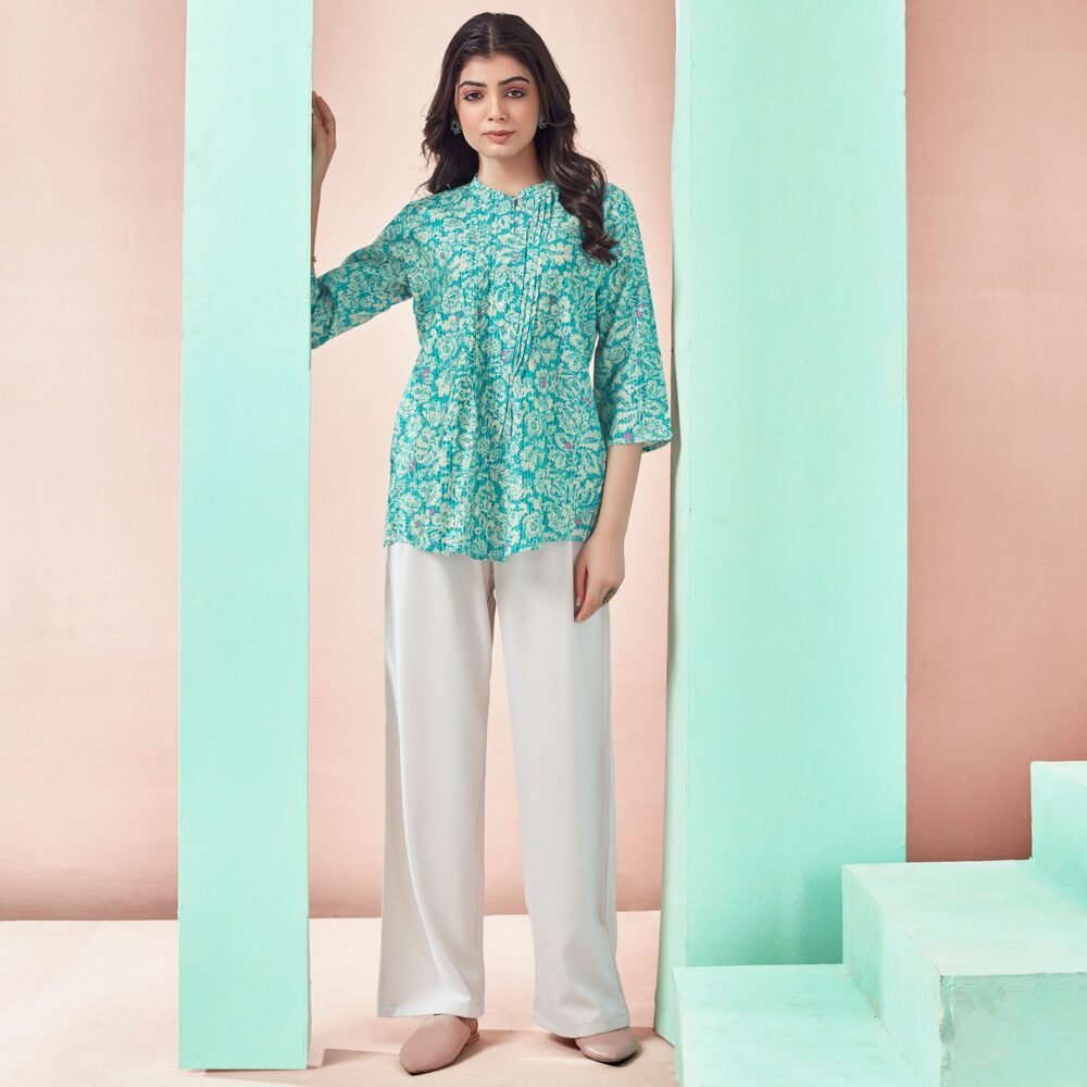 Turquoise Floral Chanderi Silk Straight Top - Image 6