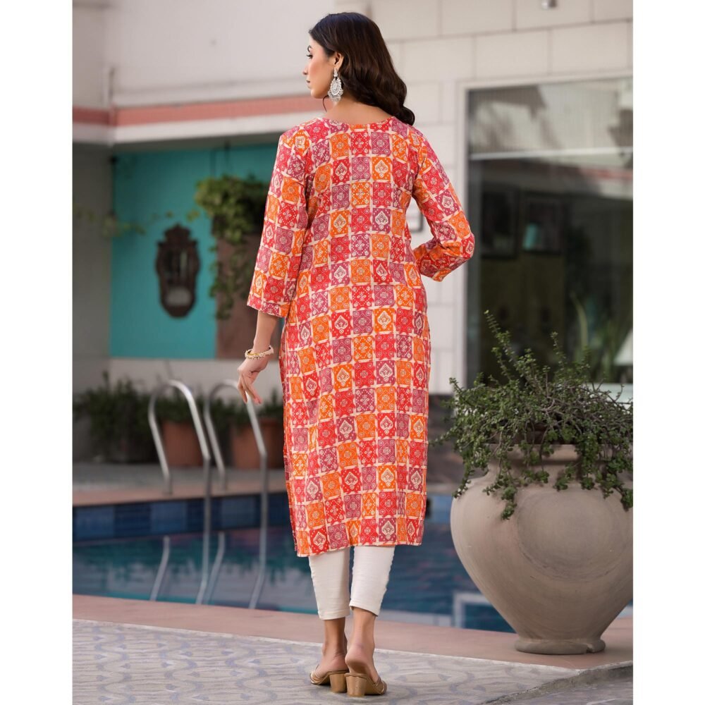 Red & Orange Bandhani Foil Printed Rayon Straight Kurti - Image 7