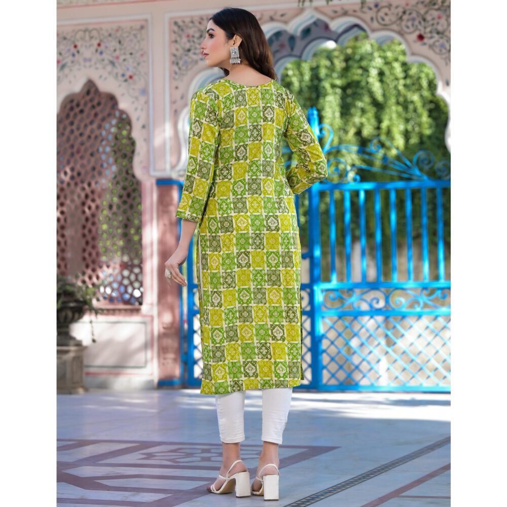Yellow & Green Bandhani Foil Printed Rayon Straight Kurti - Image 7