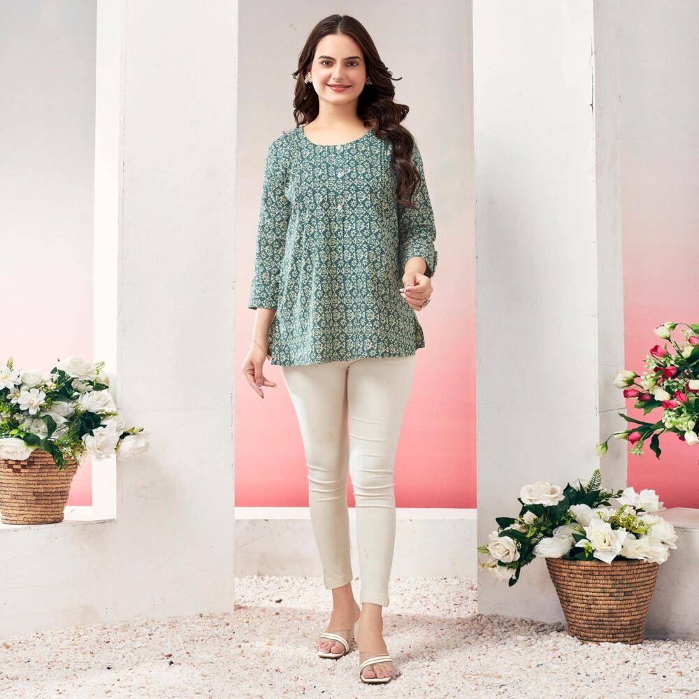 Green Printed Pure Cotton Straight Top - Image 6