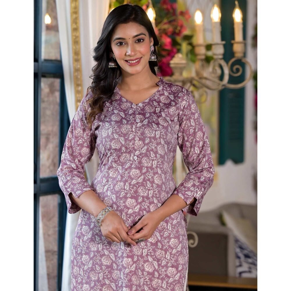 Purple Floral Printed Rayon Straight Kurti - Image 3