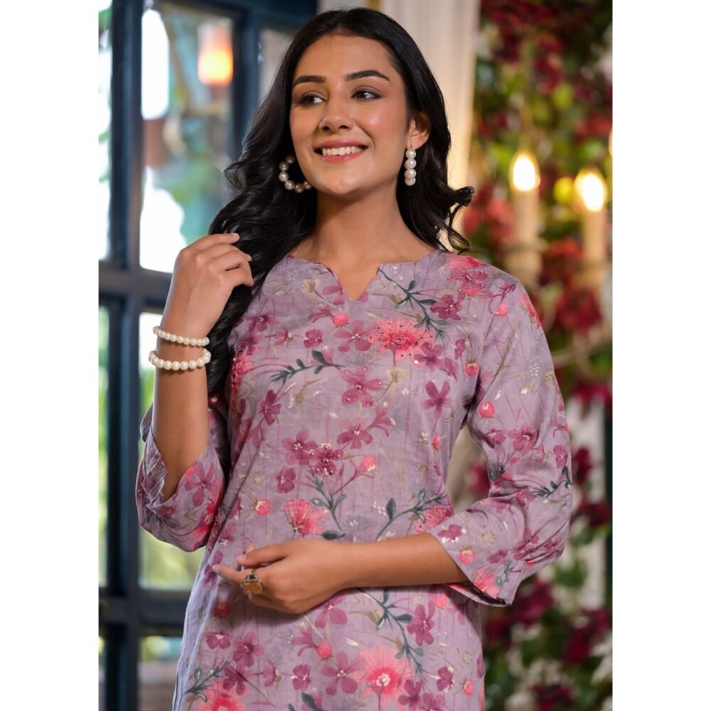 Purple Floral Foil Printed Mulmul Cotton Straight Kurti - Image 7