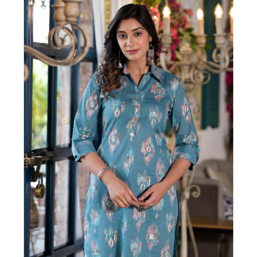 Dark Turquoise Ikkat Foil Printed Pure Cotton Straight Kurti - Image 3