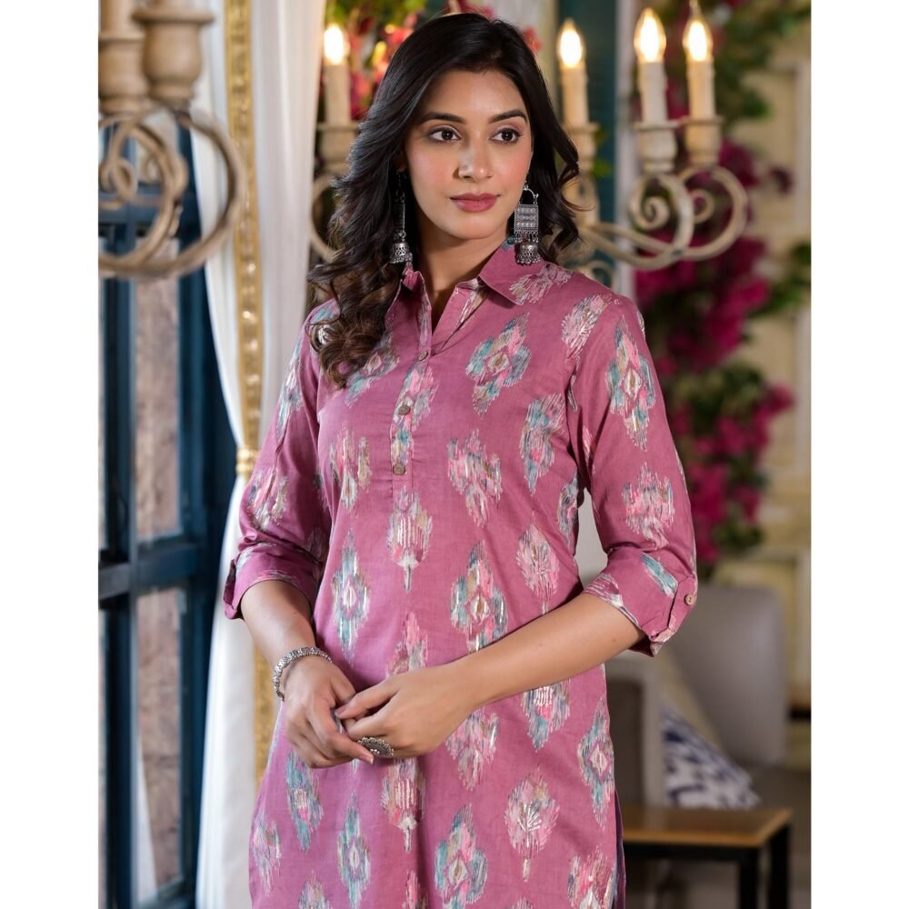 Purple Ikkat Foil Printed Pure Cotton Straight Kurti - Image 3