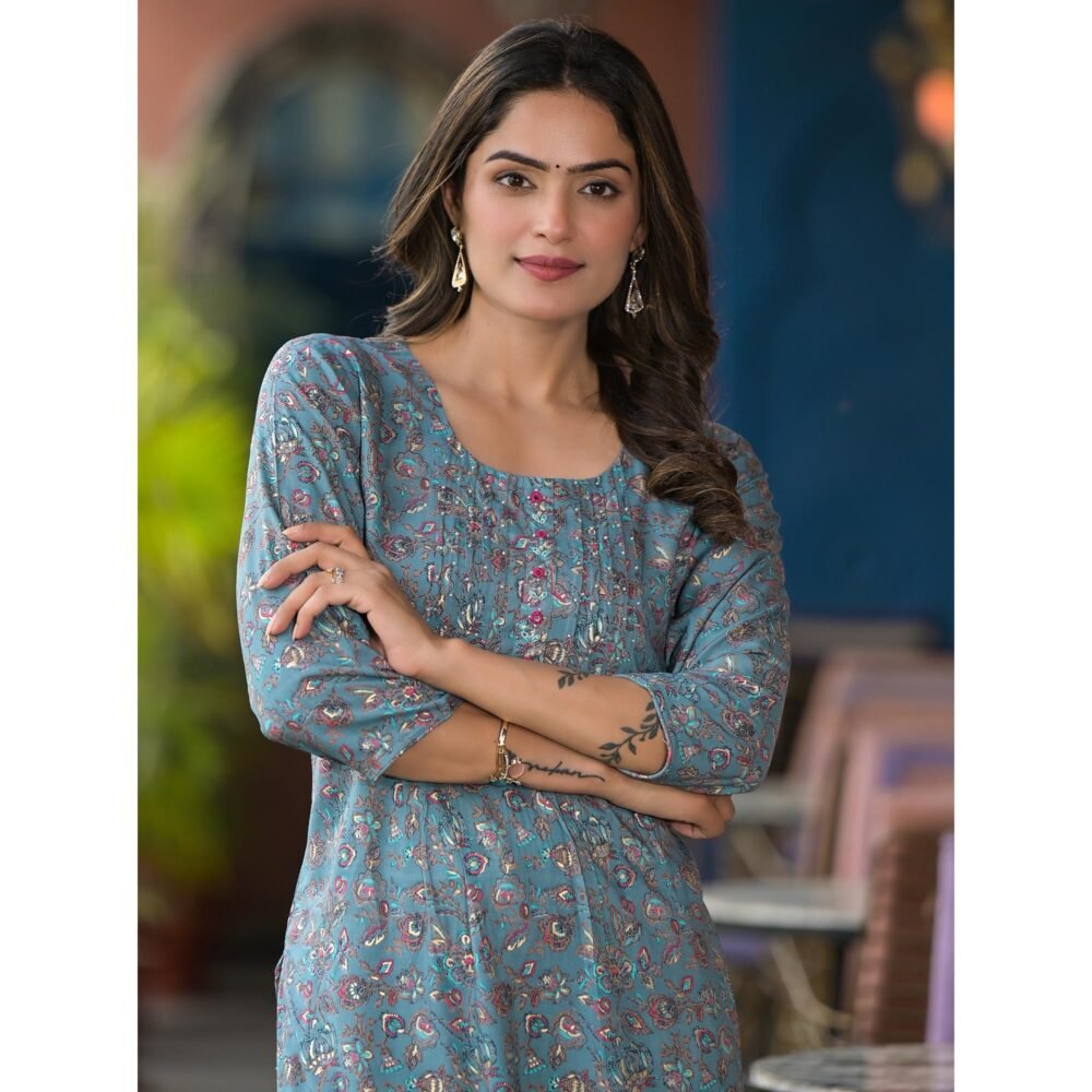 Bluish Grey Floral Printed Rayon Straight kurti - Image 3