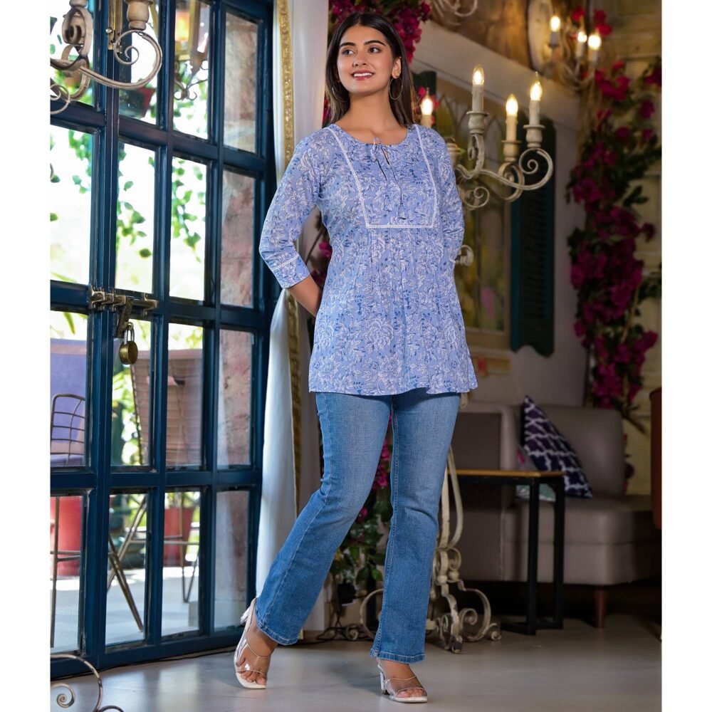 Blue Floral Printed Pure Cotton A-Line Top - Image 7