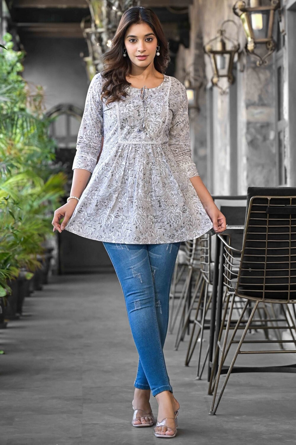 Grey Floral Printed Pure Cotton A-Line Top - Image 7