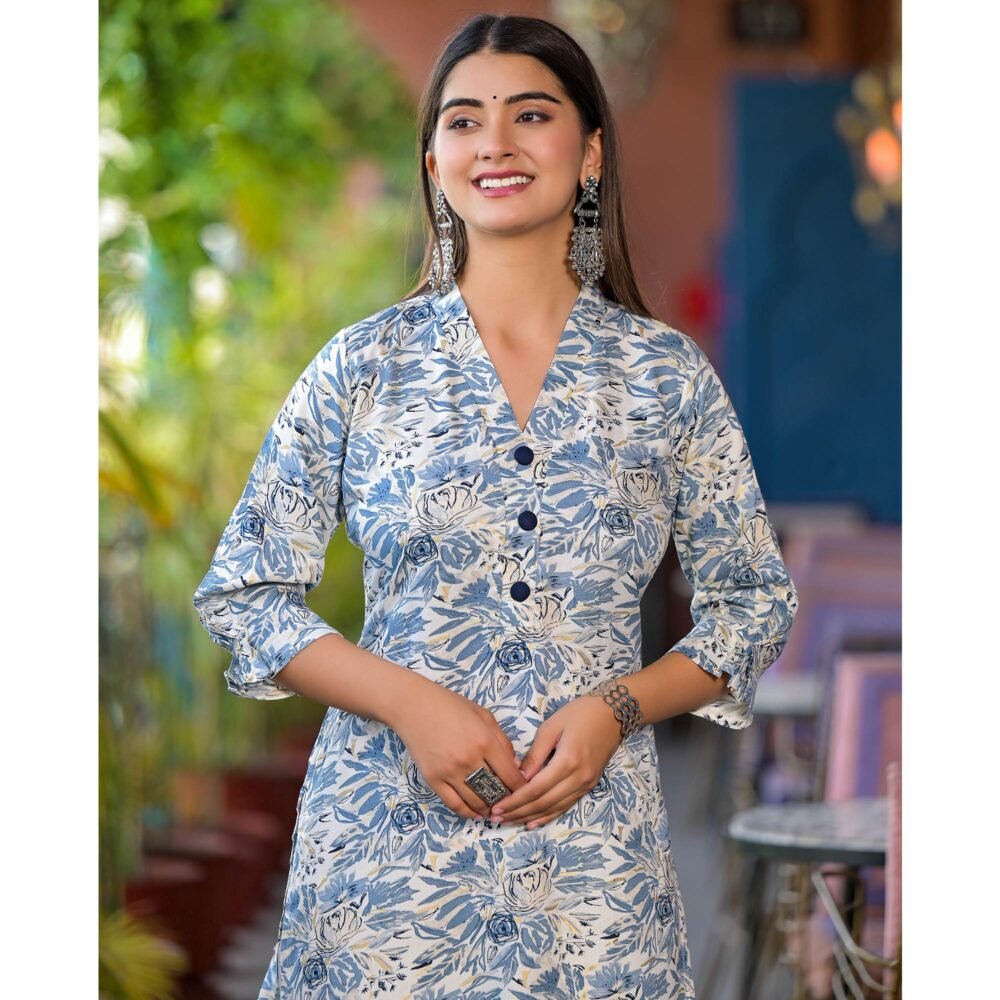 Blue Floral Printed Rayon Kurti - Image 7