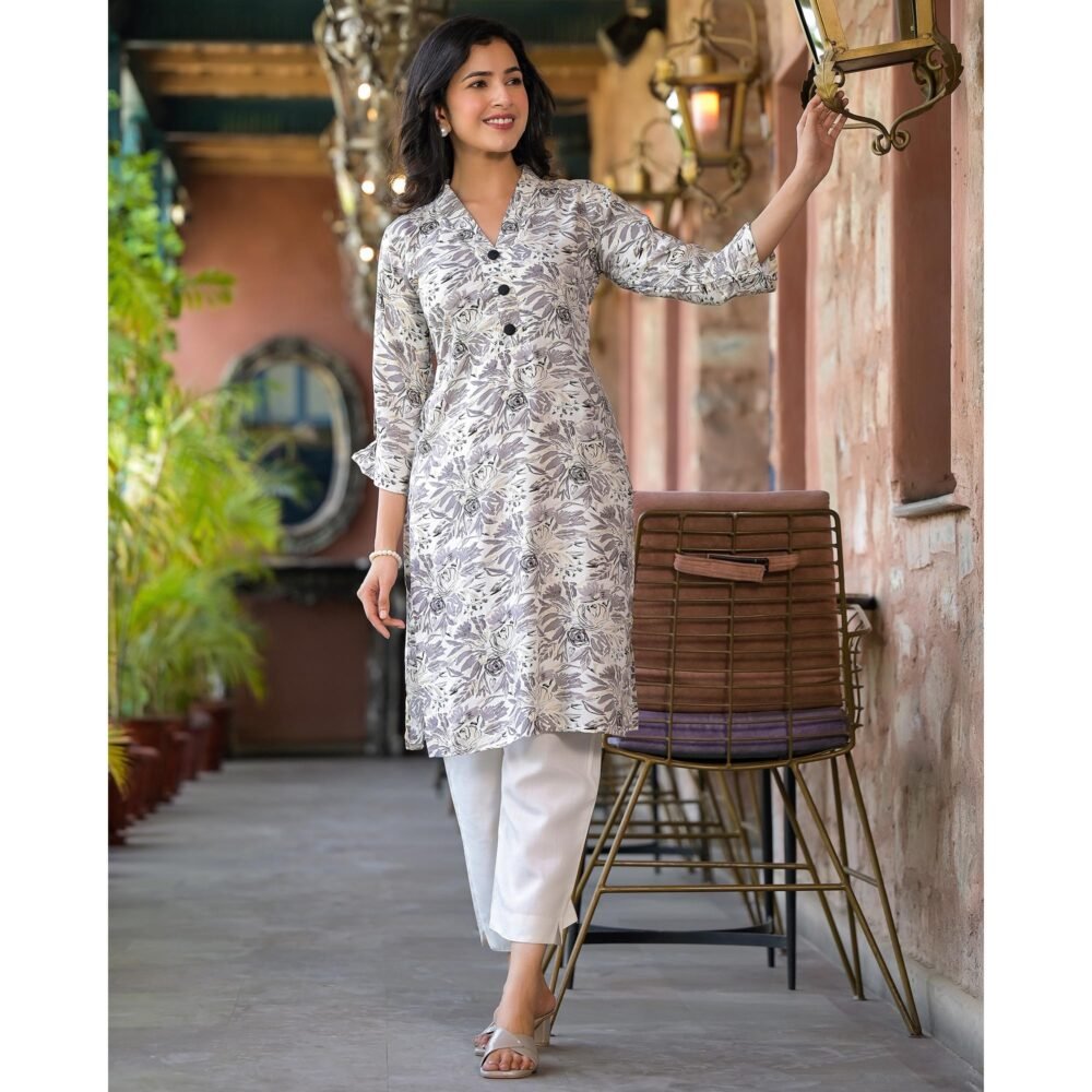 Grey Floral Printed Rayon Kurti - Image 7