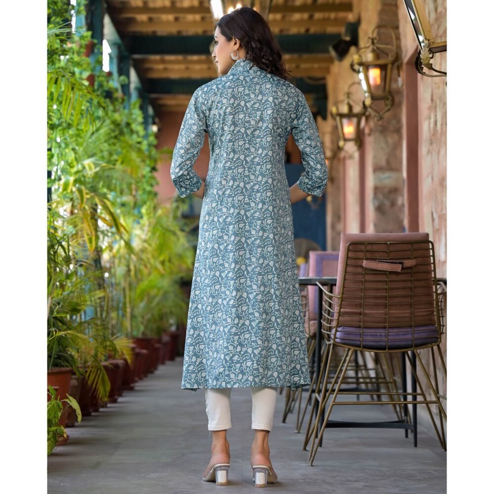 Turquoise Floral Printed Rayon A-line Kurti - Image 7
