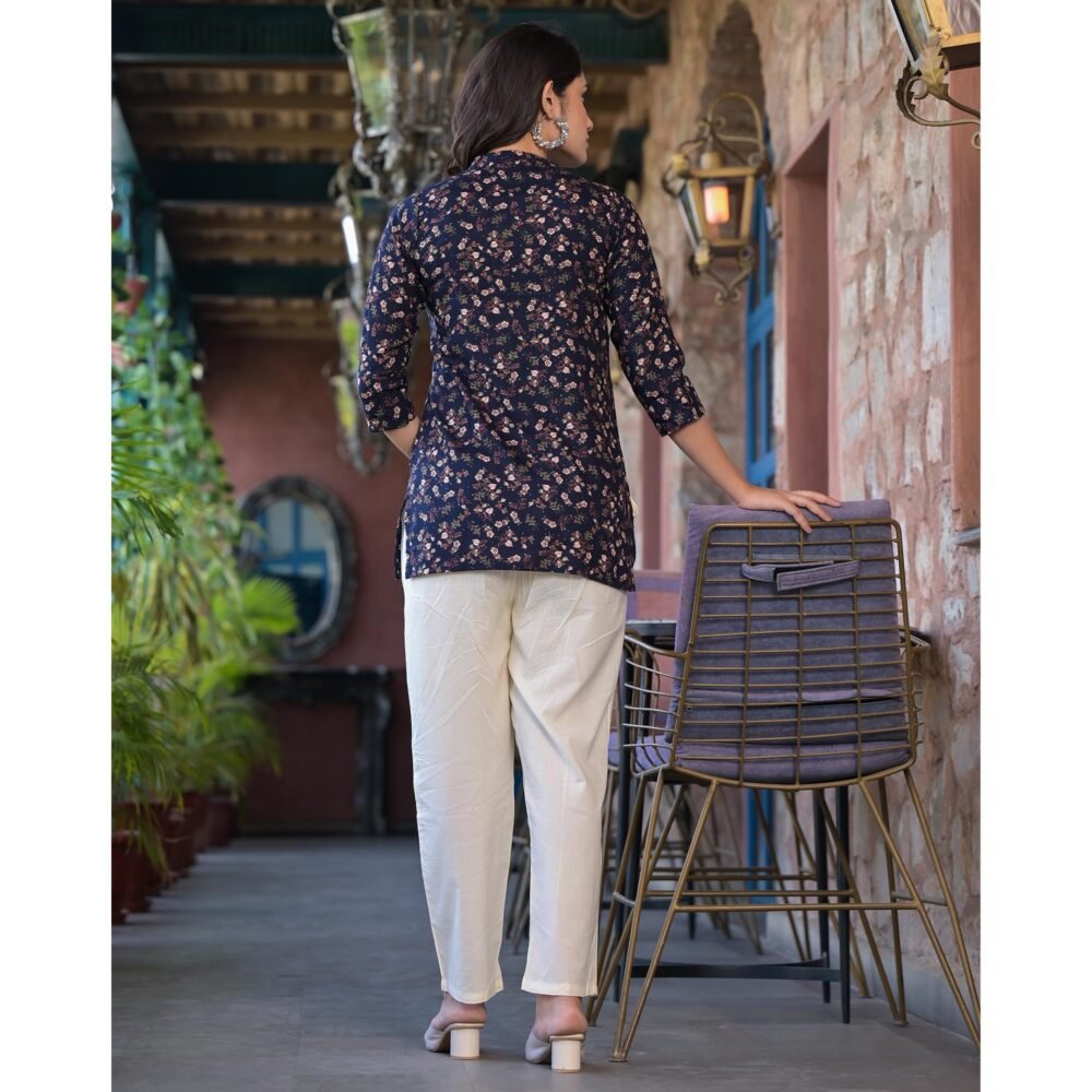 Blue Floral Printed Rayon Straight Top - Image 8