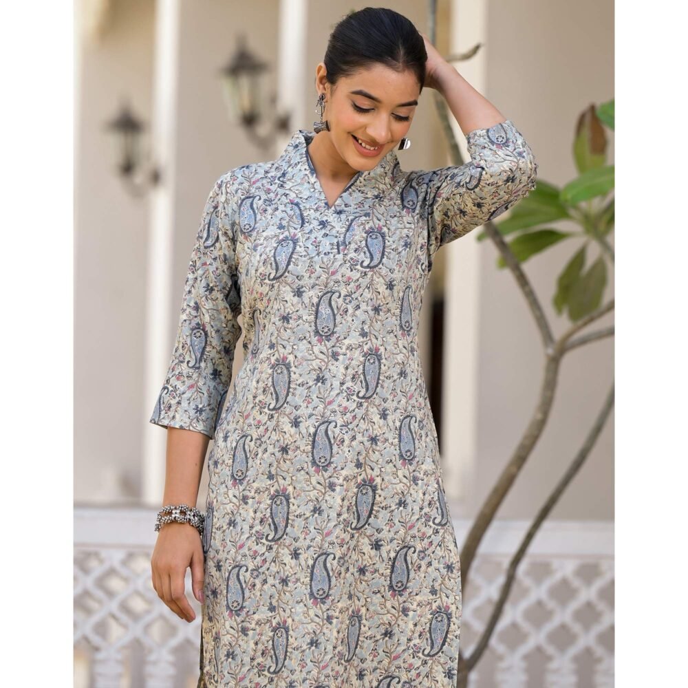 Blue Floral Printed Rayon Straight Kurti - Image 7