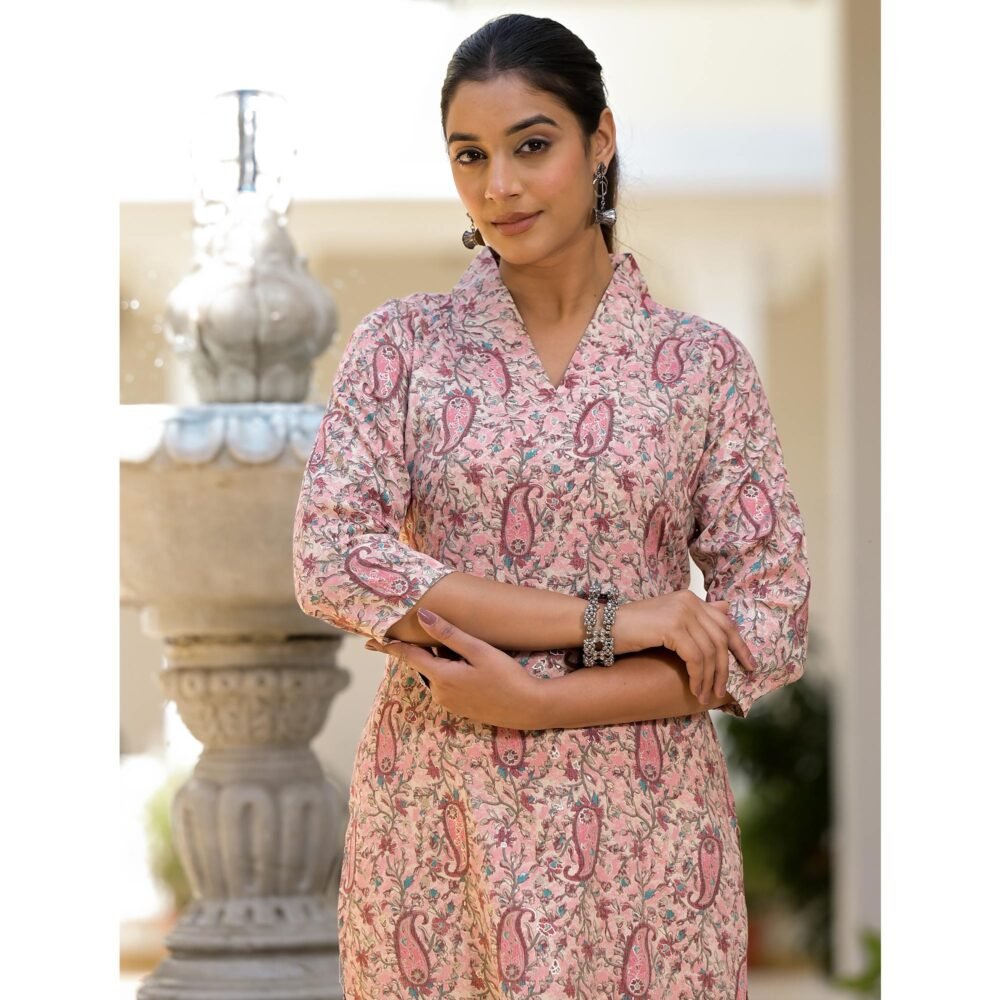 Pink Floral Printed Rayon Straight Kurti - Image 7