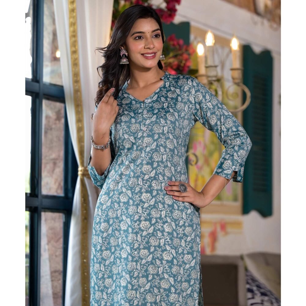 Pine Green Floral Printed Rayon Straight Kurti - Image 3