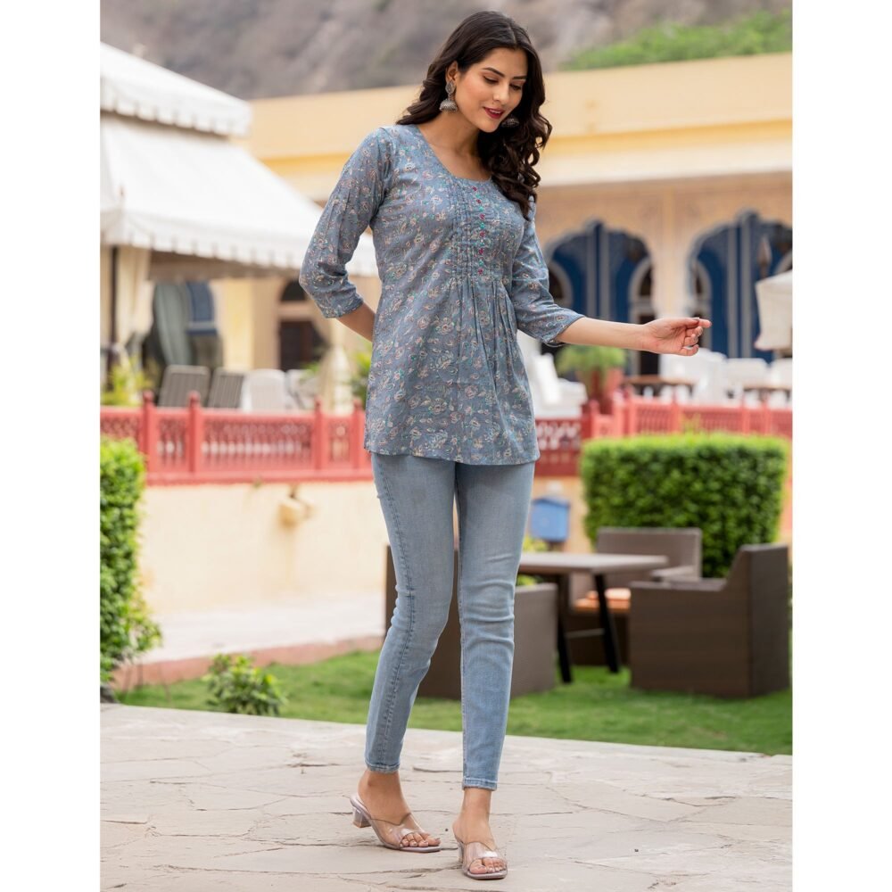 Blue Floral Printed Pure Cotton Top - Image 7