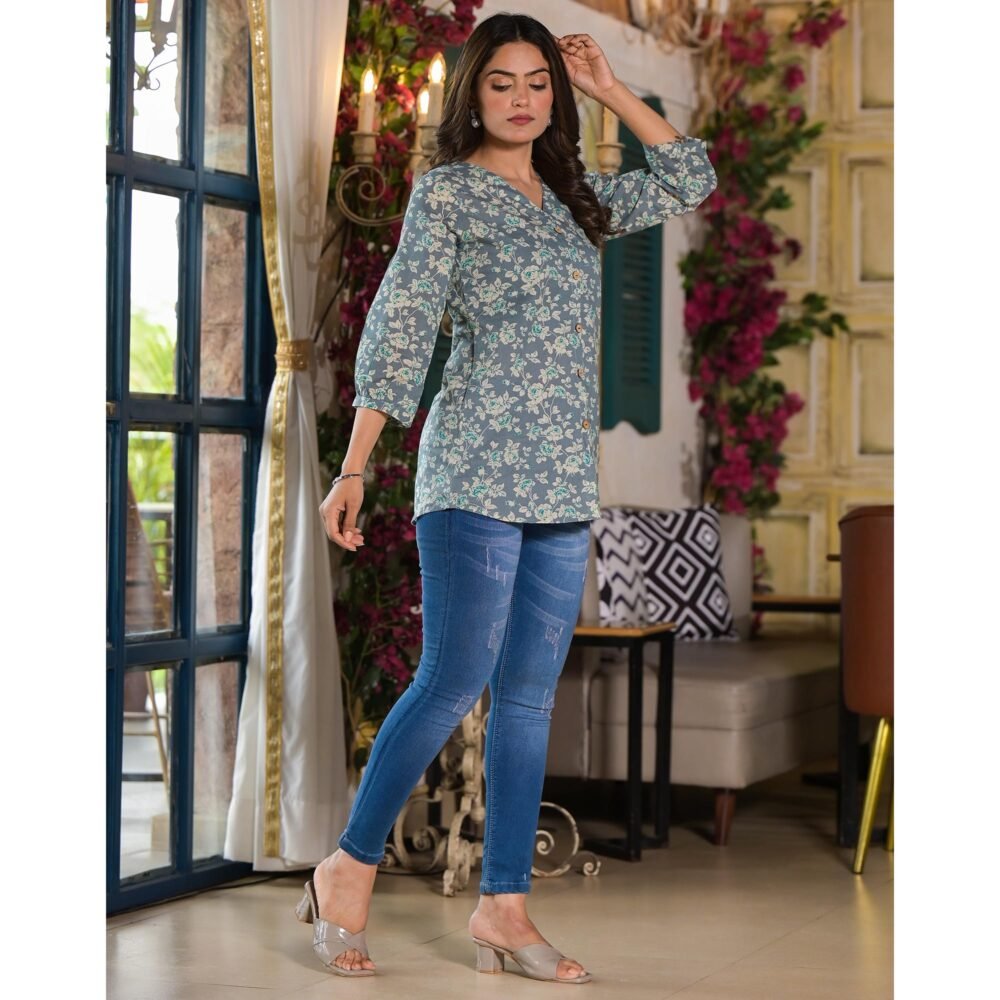 Grey Floral Printed Pure Cotton Top - Image 8