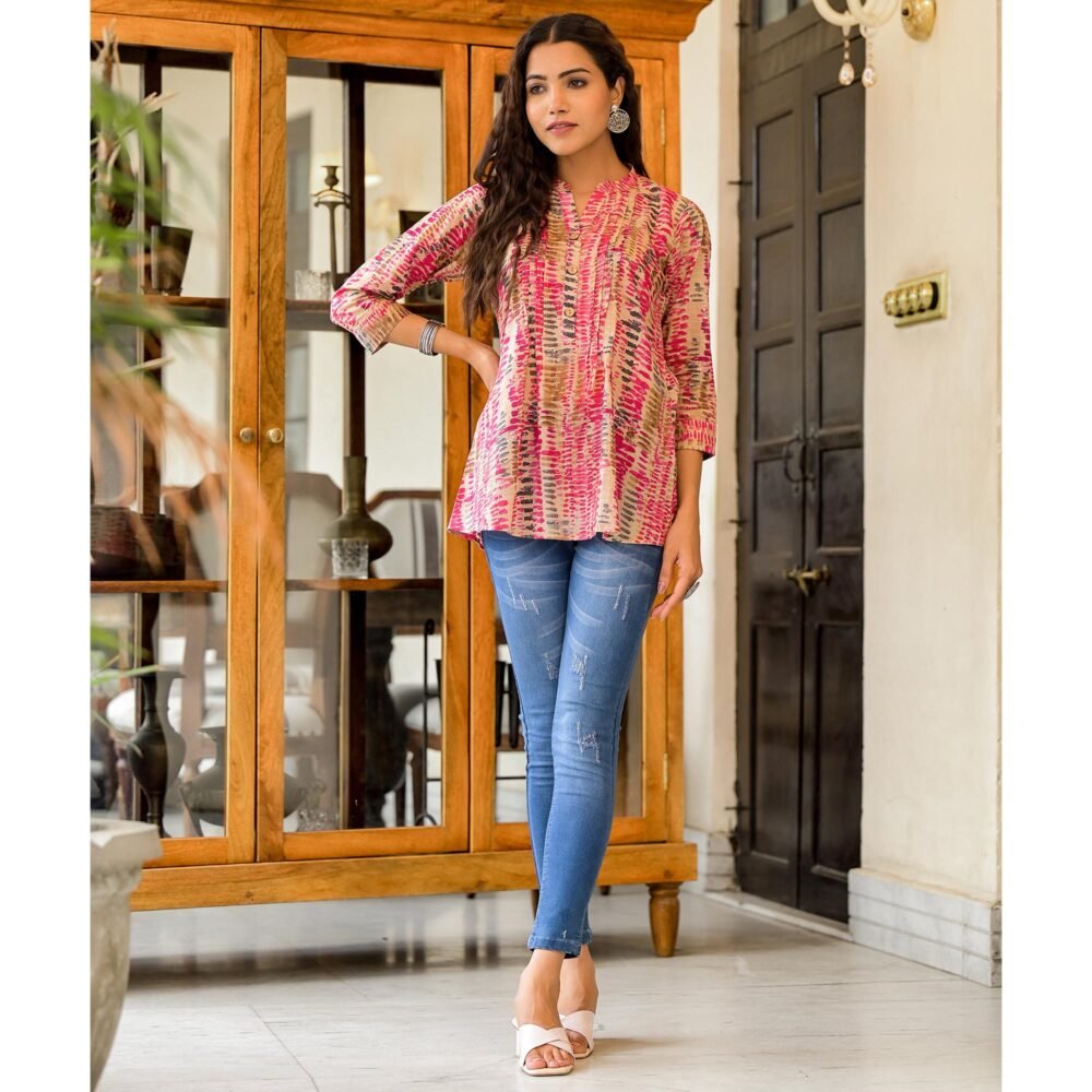 Rani Pink Foil Printed Pure Cotton A-Line Top - Image 7