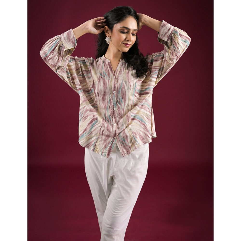 Turquoise Foil Printed Chanderi Silk A-Line Top - Image 7