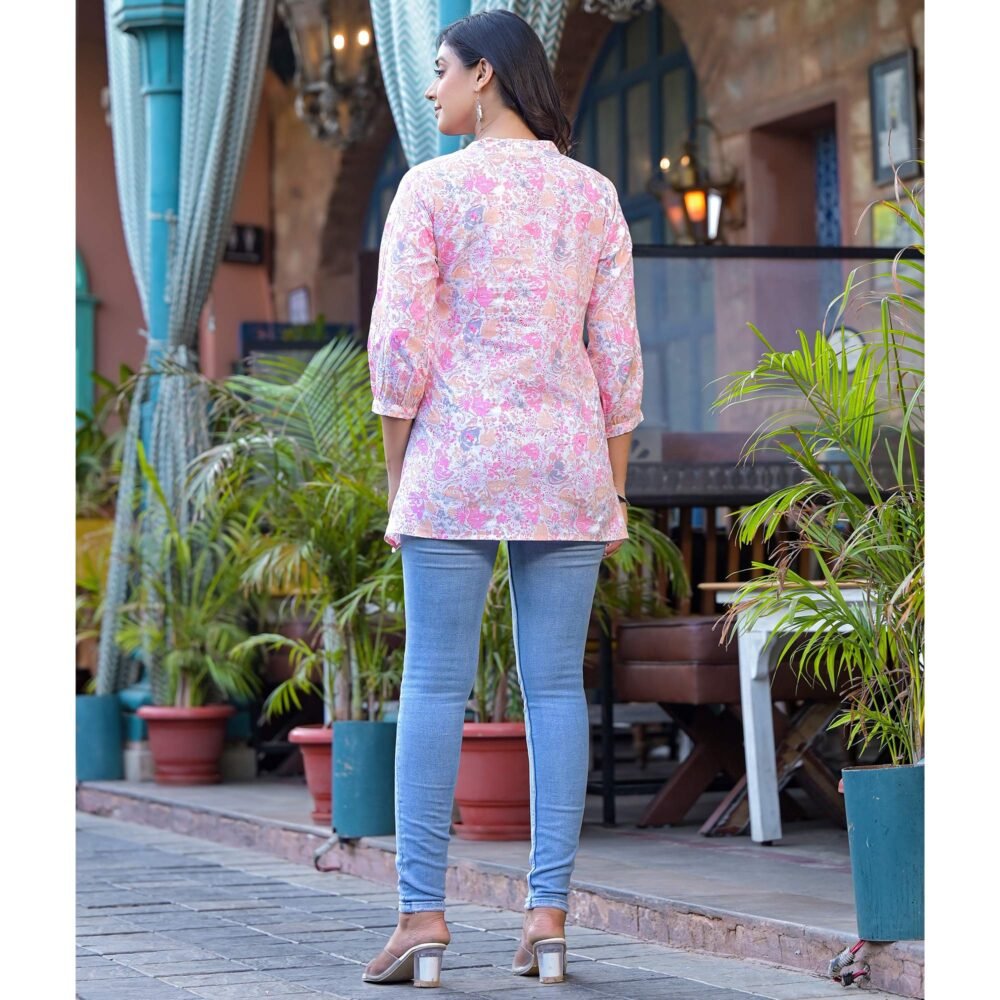 Pink Floral Printed Pure Cotton A-Line Top - Image 7