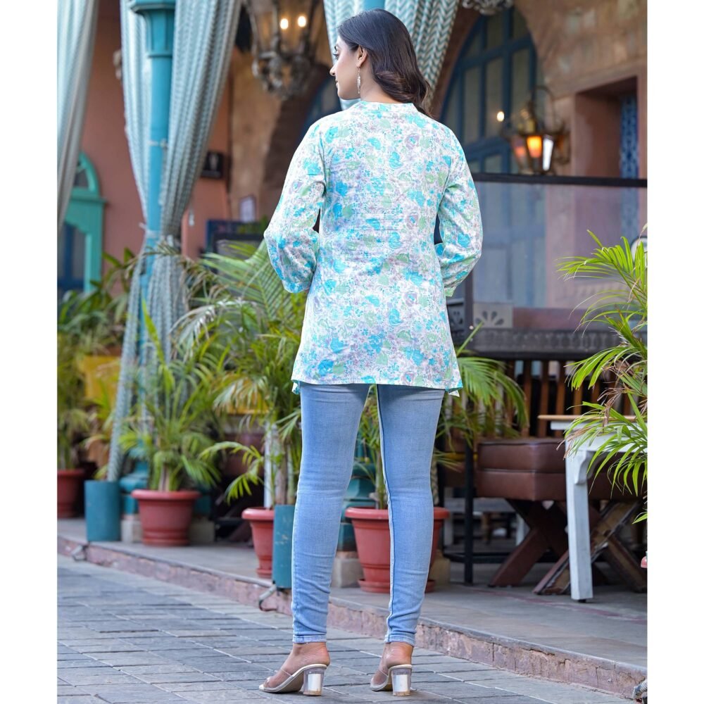Sky Blue Floral Printed Pure Cotton A-Line Top - Image 7