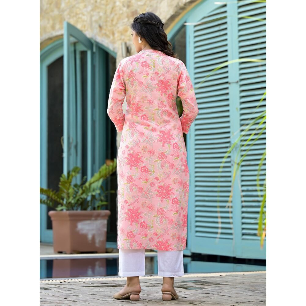 Peach Floral Printed Pure Cotton Straight Kurti - Image 7