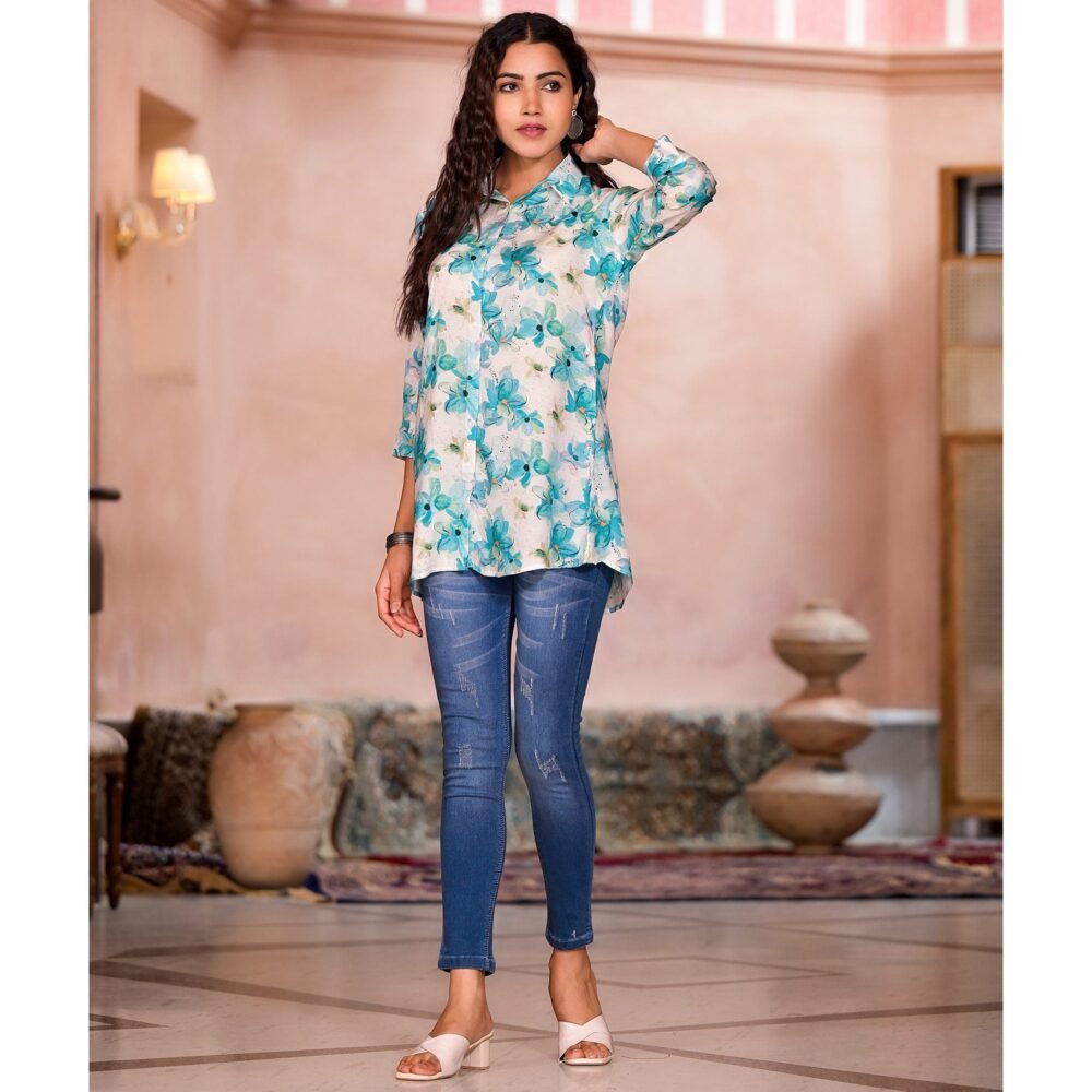 Turquoise Floral Printed Muslin Top - Image 7
