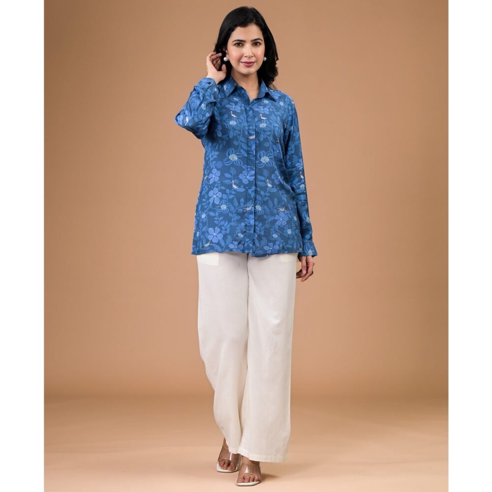 Blue Foil Printed Muslin Shirt - Image 7
