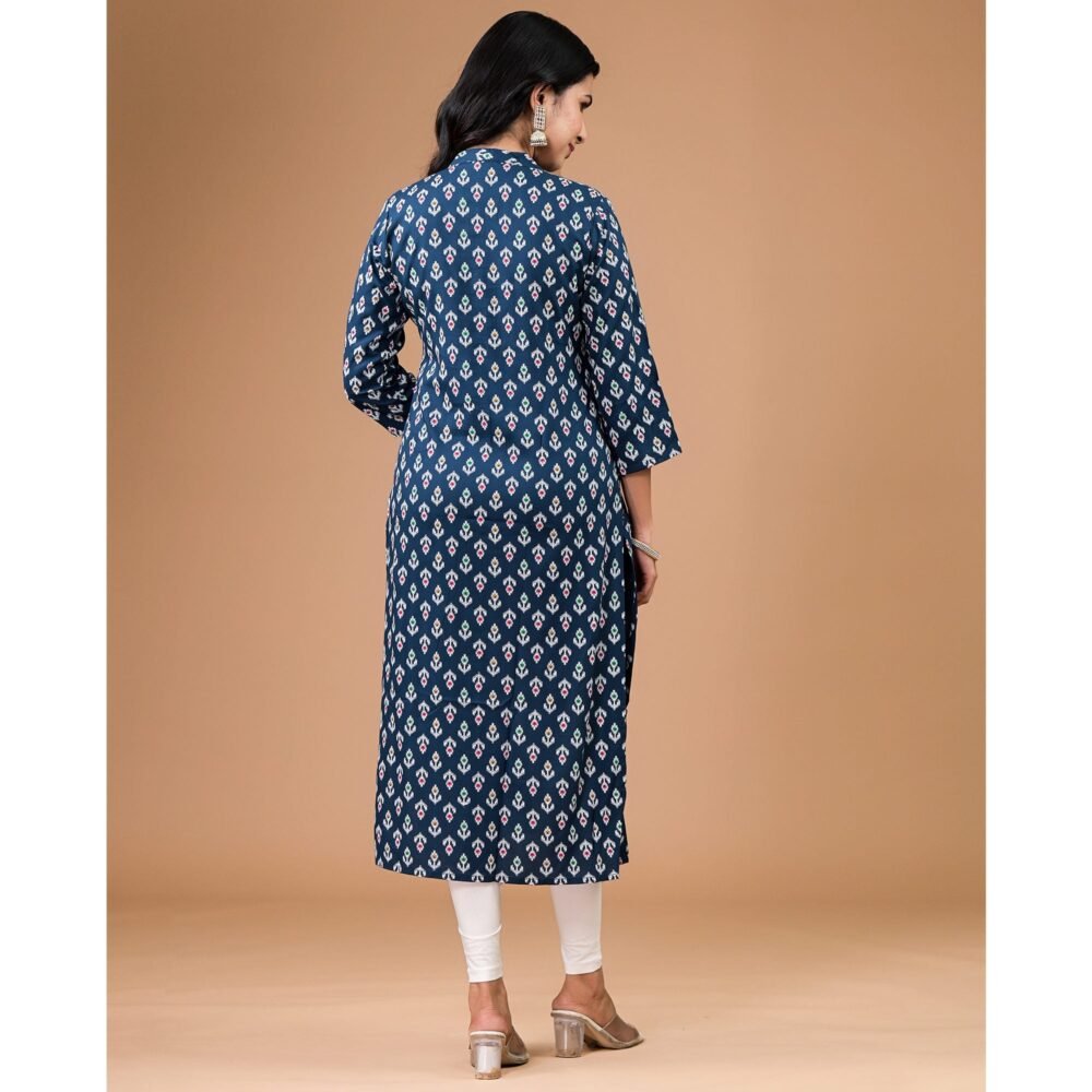 Navy Blue Rayon Printed Straight Kurti - Image 7