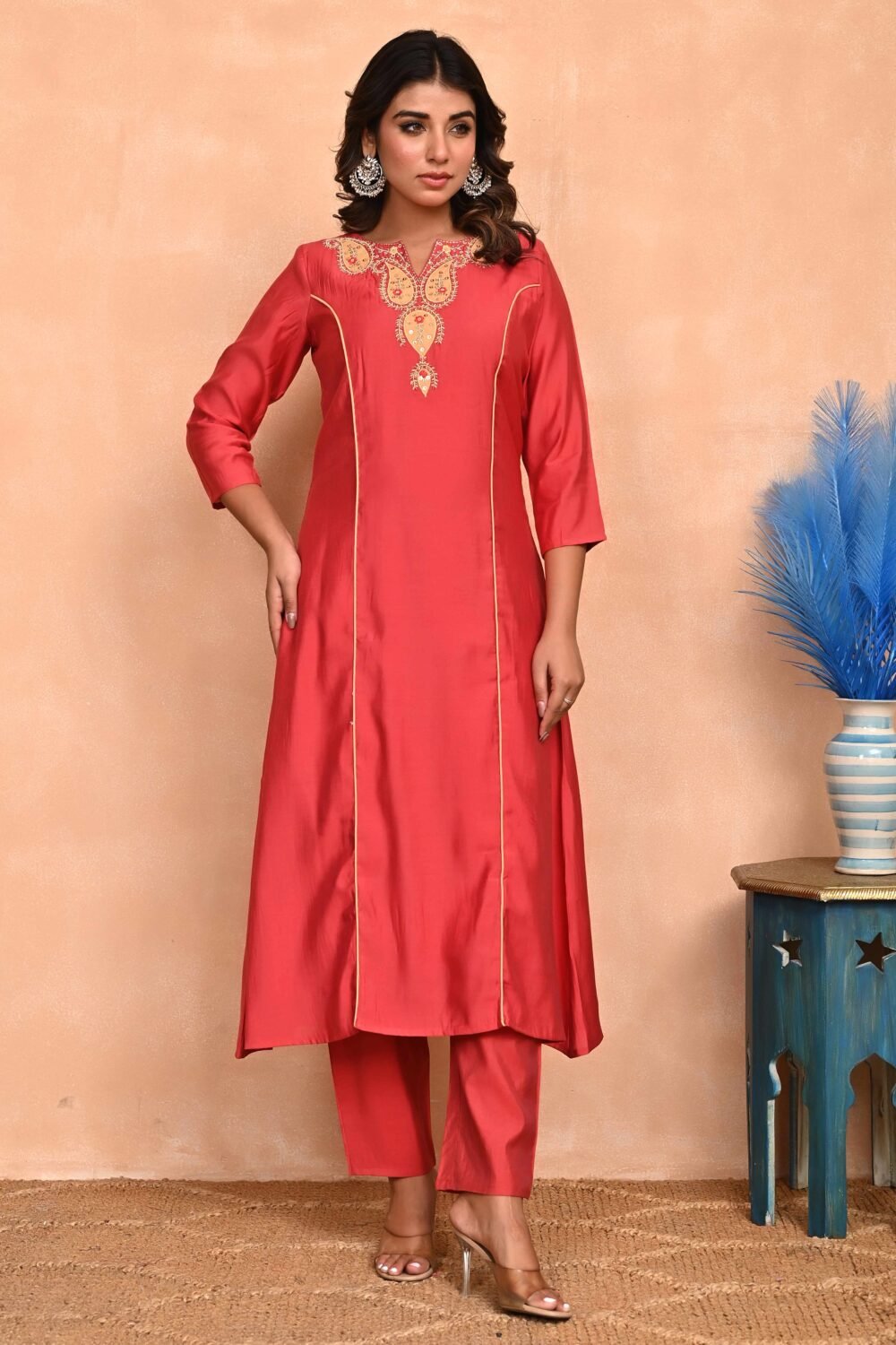 Rusty Red Embroidered A-Line Chanderi Silk Salwar Suit with Delicate Patchwork Detailing - Image 7