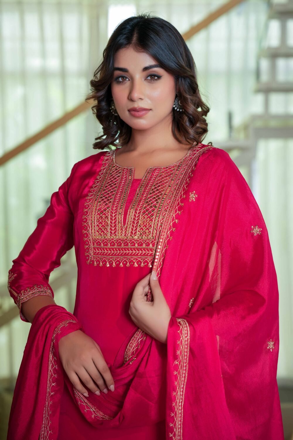 Glamorous Red Crepe Straight Suit with Intricate Sequin Embroidery - Image 7