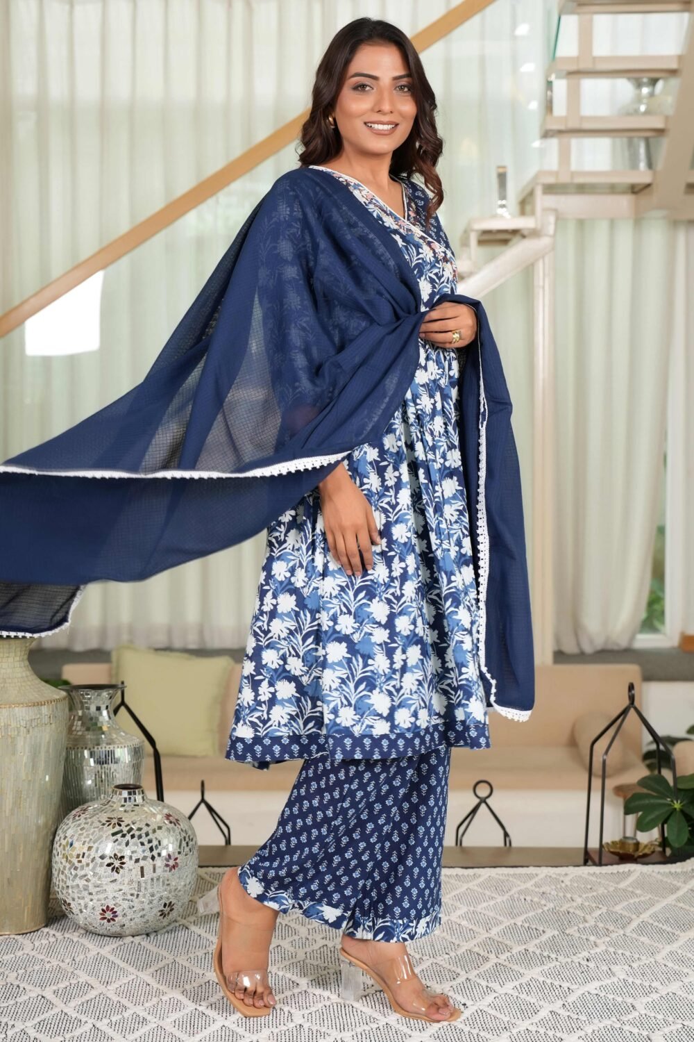 Dark Blue Anarkali Salwar Suit Featuring Floral Prints on Pure Cotton - Image 7