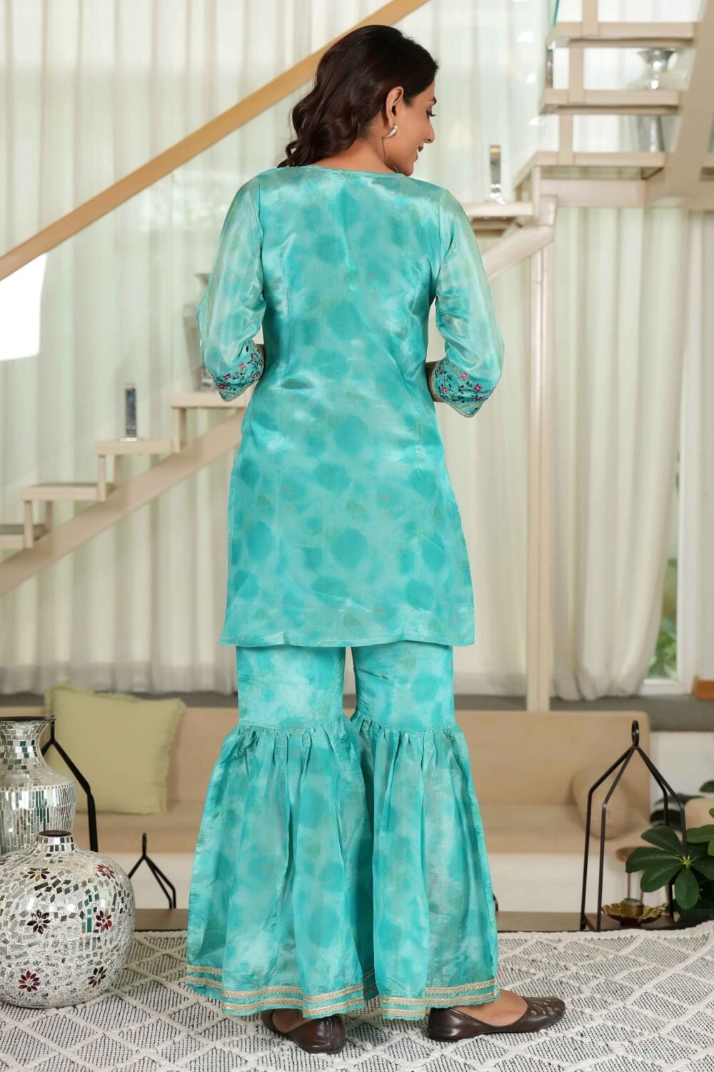 Turquoise Embroidered Organza Sharara Set with Delicate Floral Sequins - Image 7
