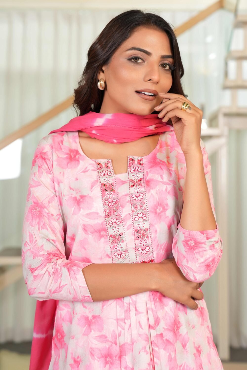 Feminine A-Line Salwar Suit in Soft Pink Pure Cotton with Delicate Floral Prints and Embroidery Highlights - Image 7