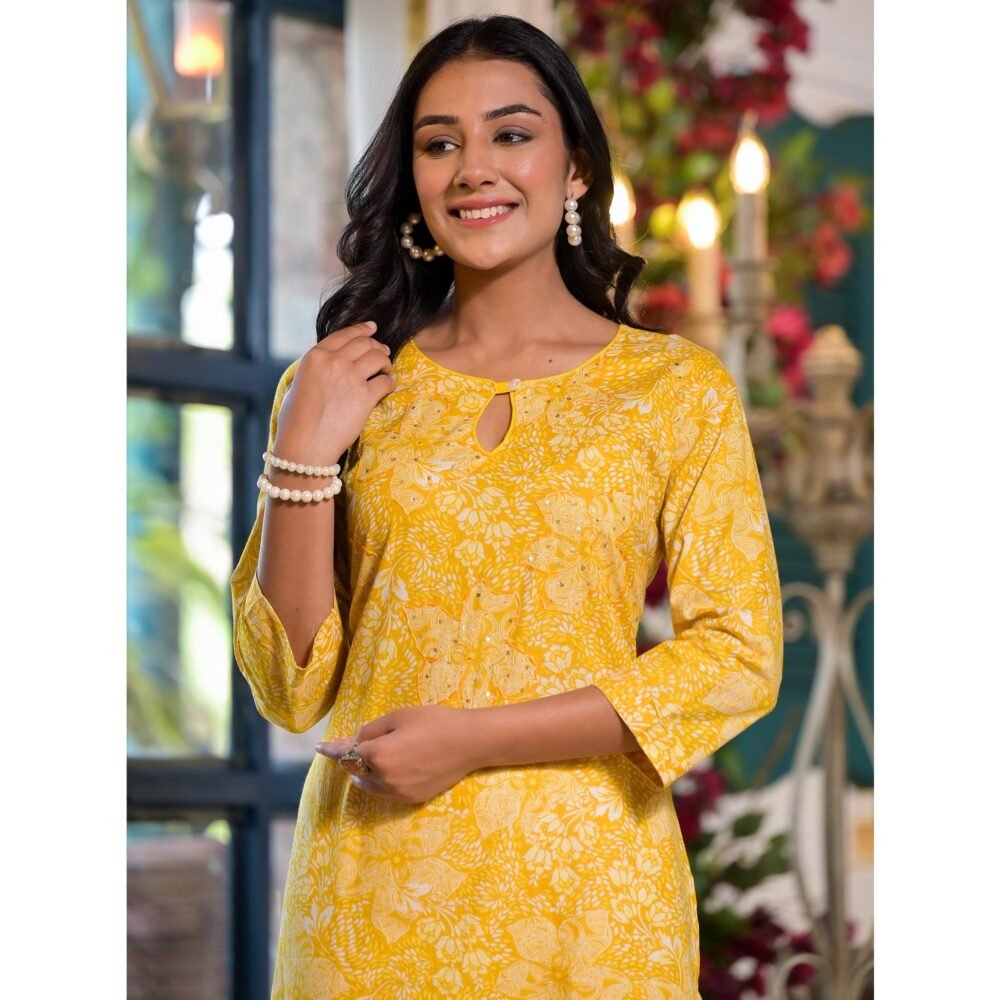 Yellow Floral Printed Pure Cotton Straight Kurti - Image 7