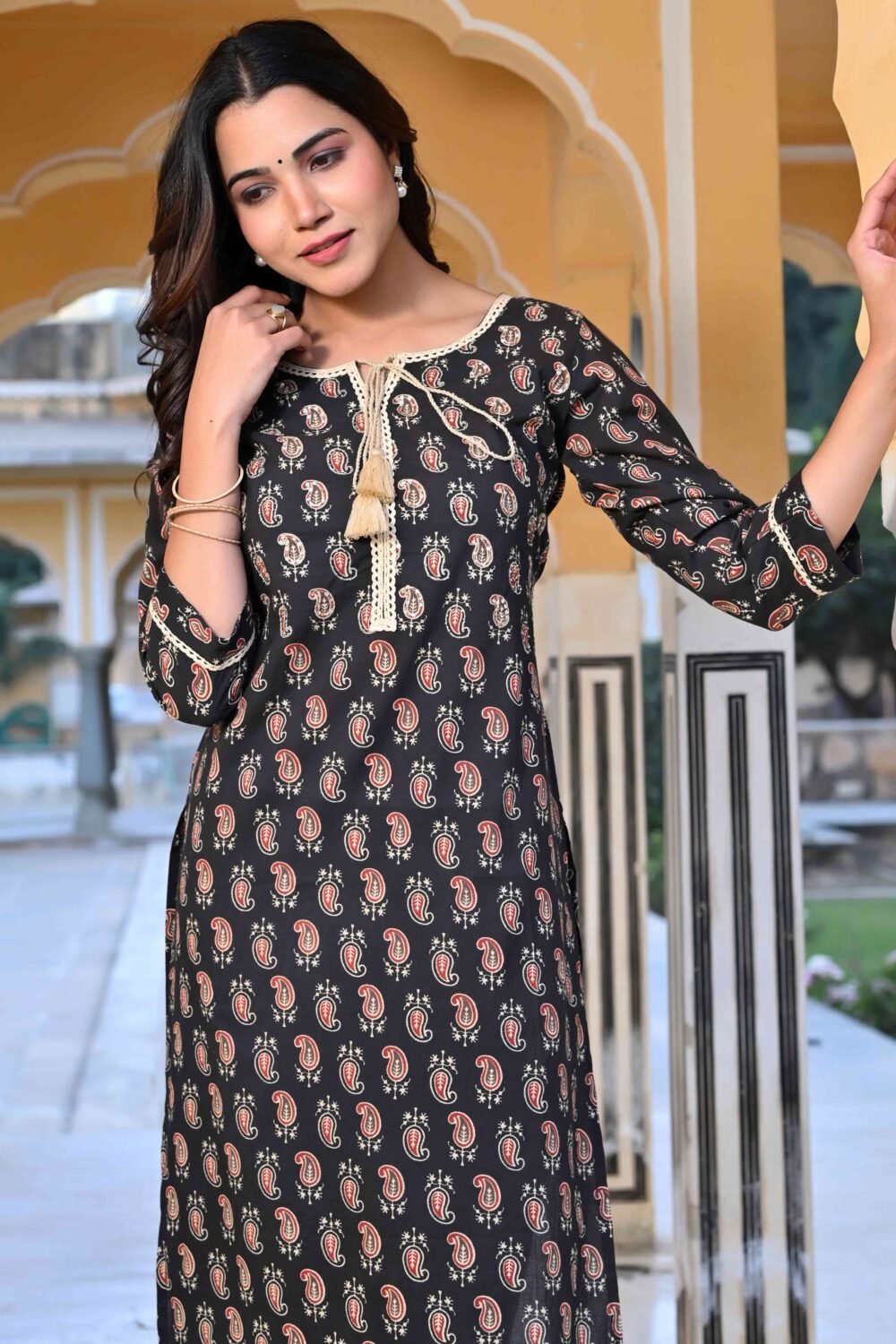Black Paisley Printed Pure Cotton Straight Kurti - Image 7