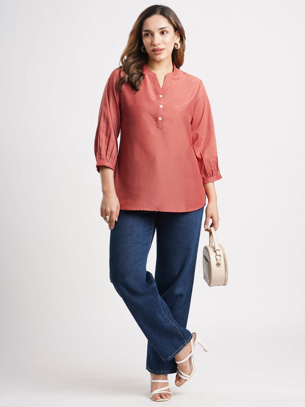 Red Solid Poly Chinon Straight Top - Image 7