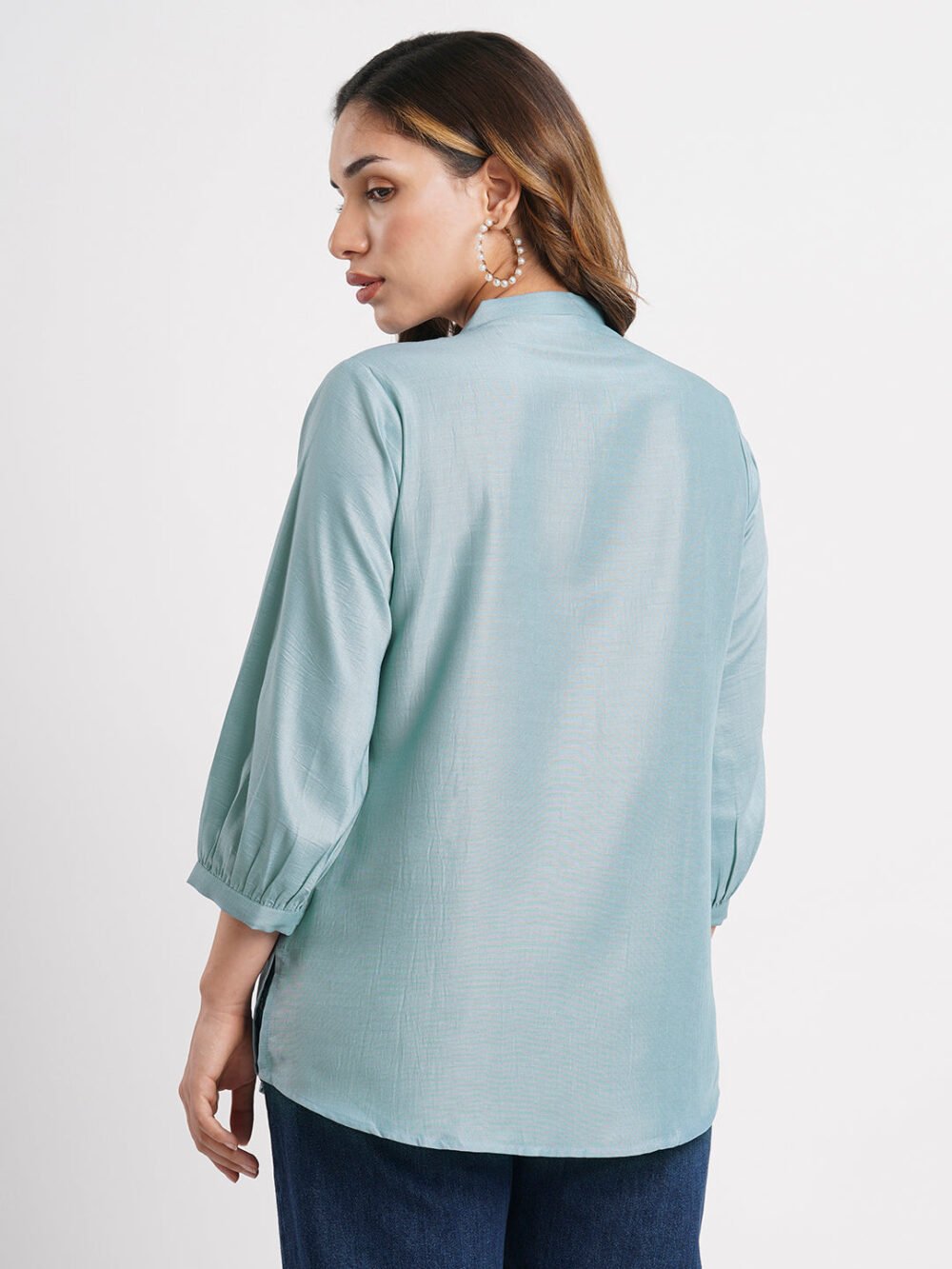 Sky Blue Solid Poly Chinon Straight Top - Image 7