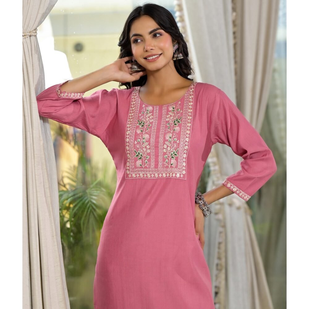 Pink Yoke Embroidered Viscose Straight Kurti - Image 7