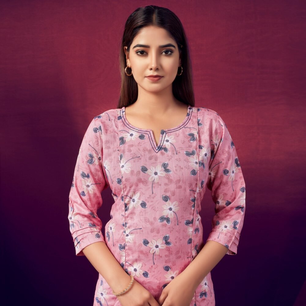 Pink Floral Foil Printed Rayon Kurti - Image 4
