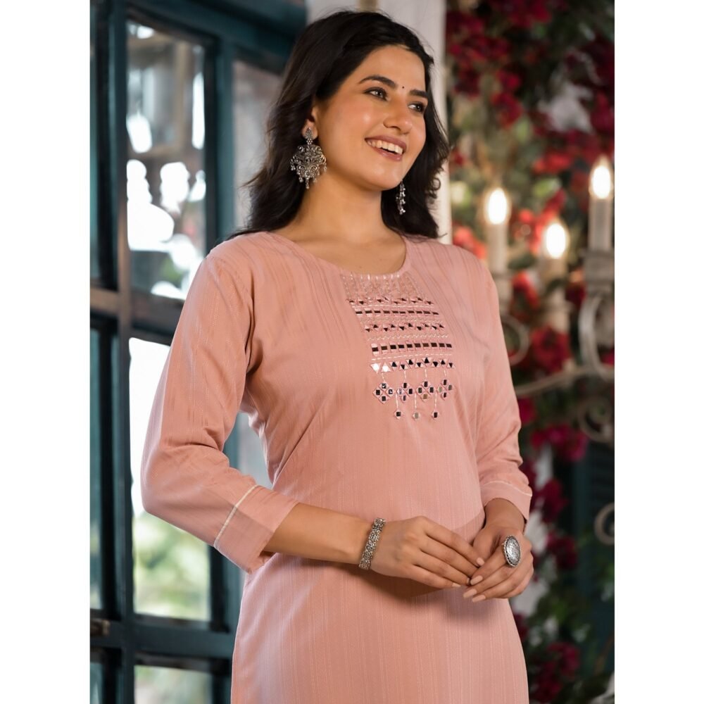 Peach Striped Embroidered Rayon Straight Kurti - Image 7