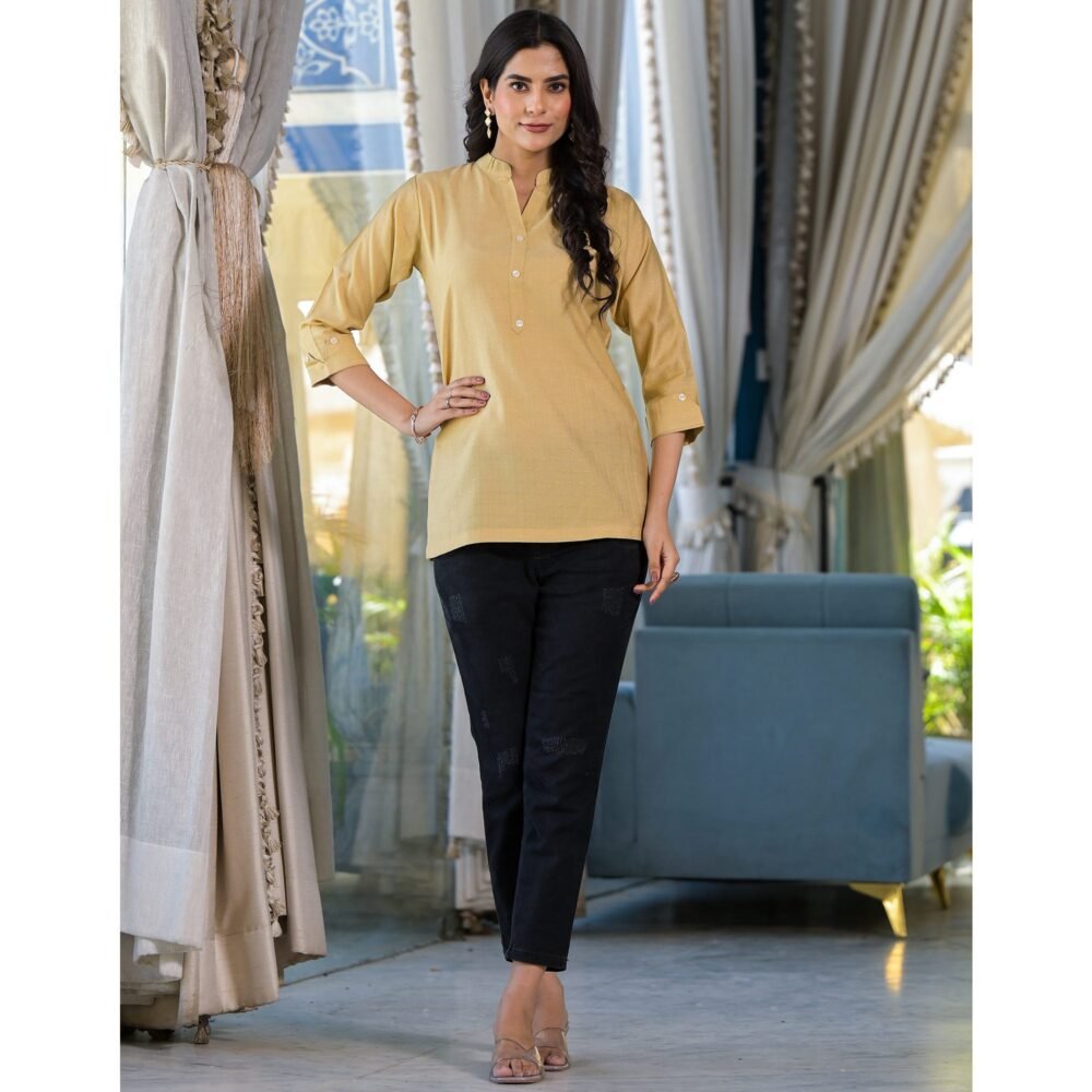 Beige Solid Cotton Silk Straight Top - Image 8
