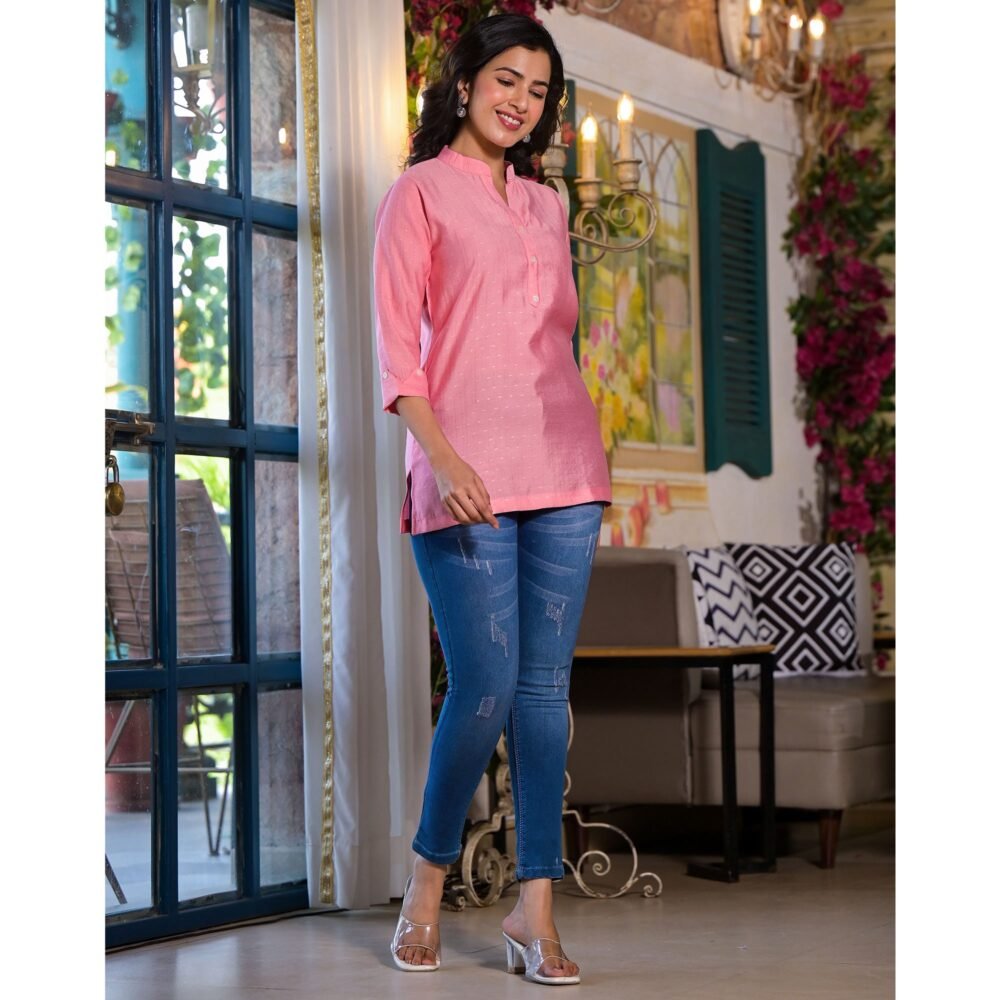 Pink Solid Cotton Silk Straight Top - Image 8