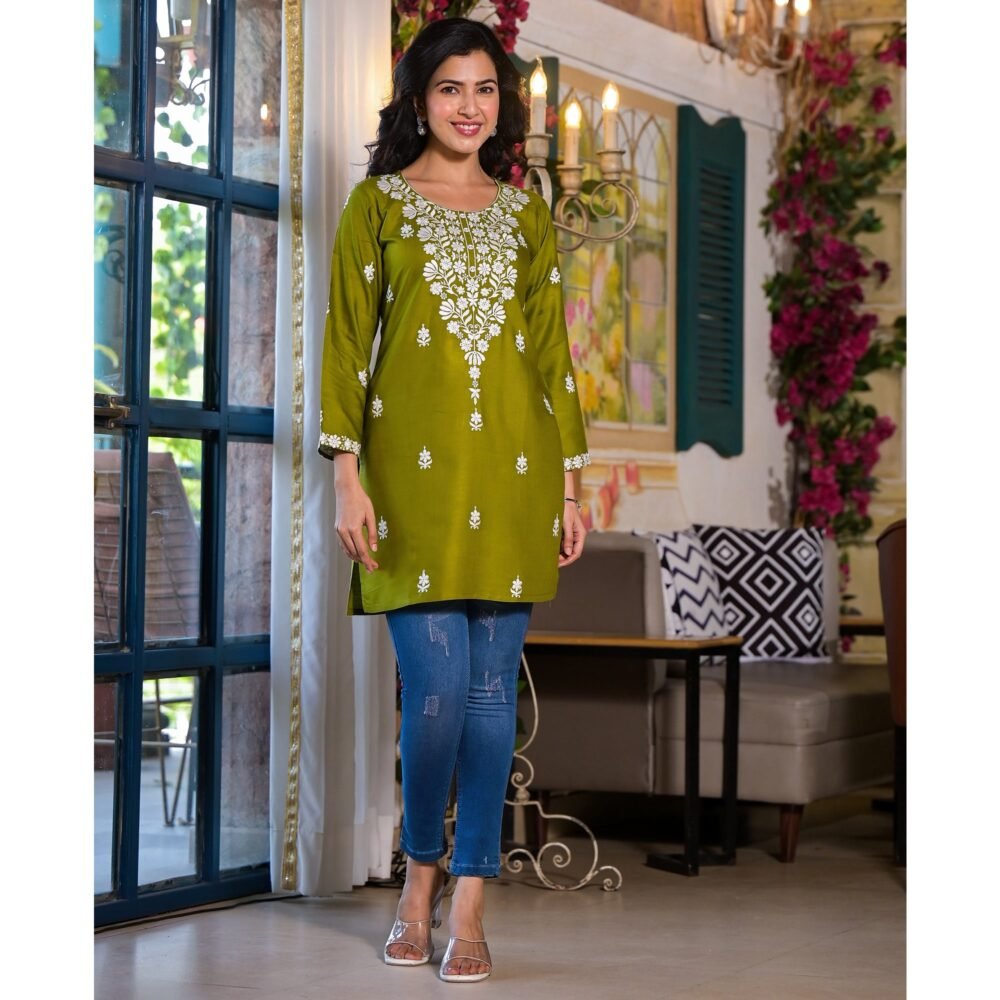 Green Embroidered Rayon Straight Top - Image 8