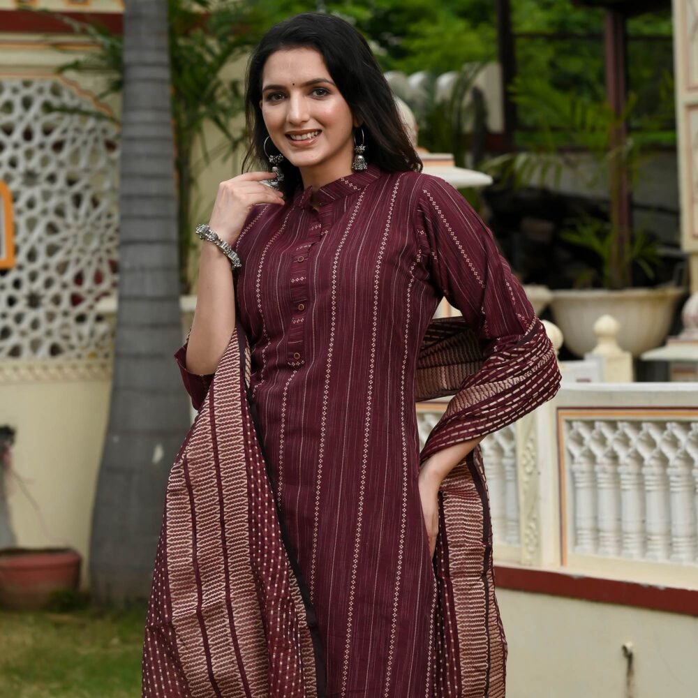 Wine Woven Cotton Blend Salwar Suit - Image 6