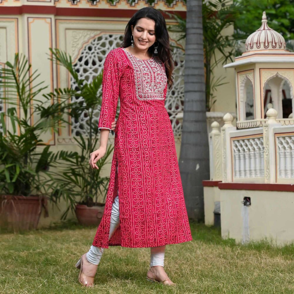 Red Foil Bandhani Printed With Embroidered Rayon Kurti - Image 8