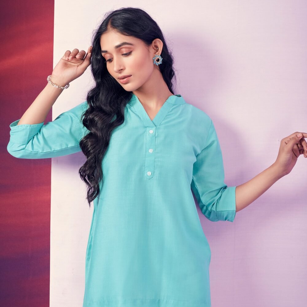Blue Solid Cotton Blend Top - Image 6