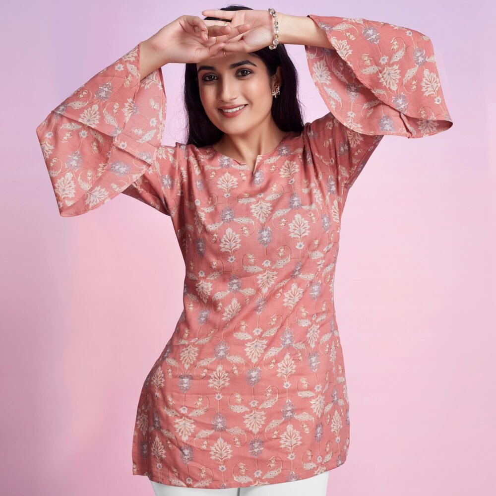 Peach Floral Foil Printed Chanderi Silk Top - Image 7