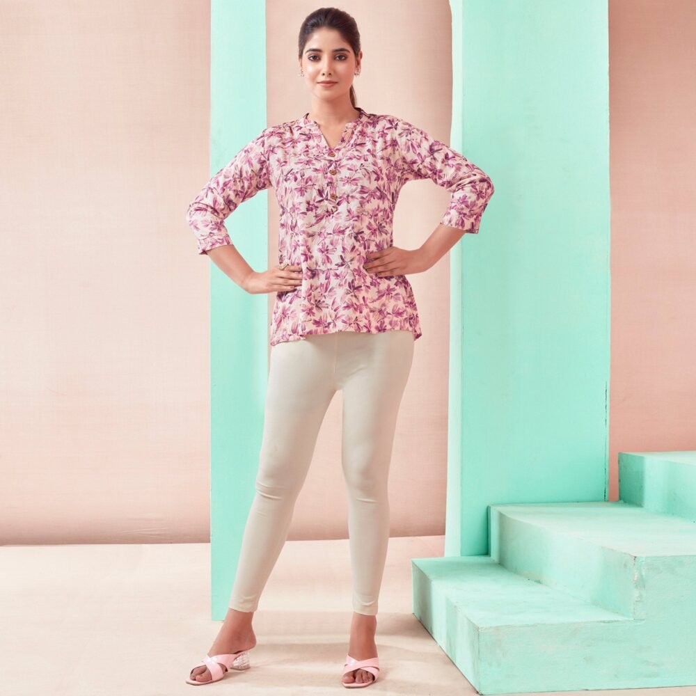 Cream & Pink Floral Foil Printed Rayon Straight Top - Image 7